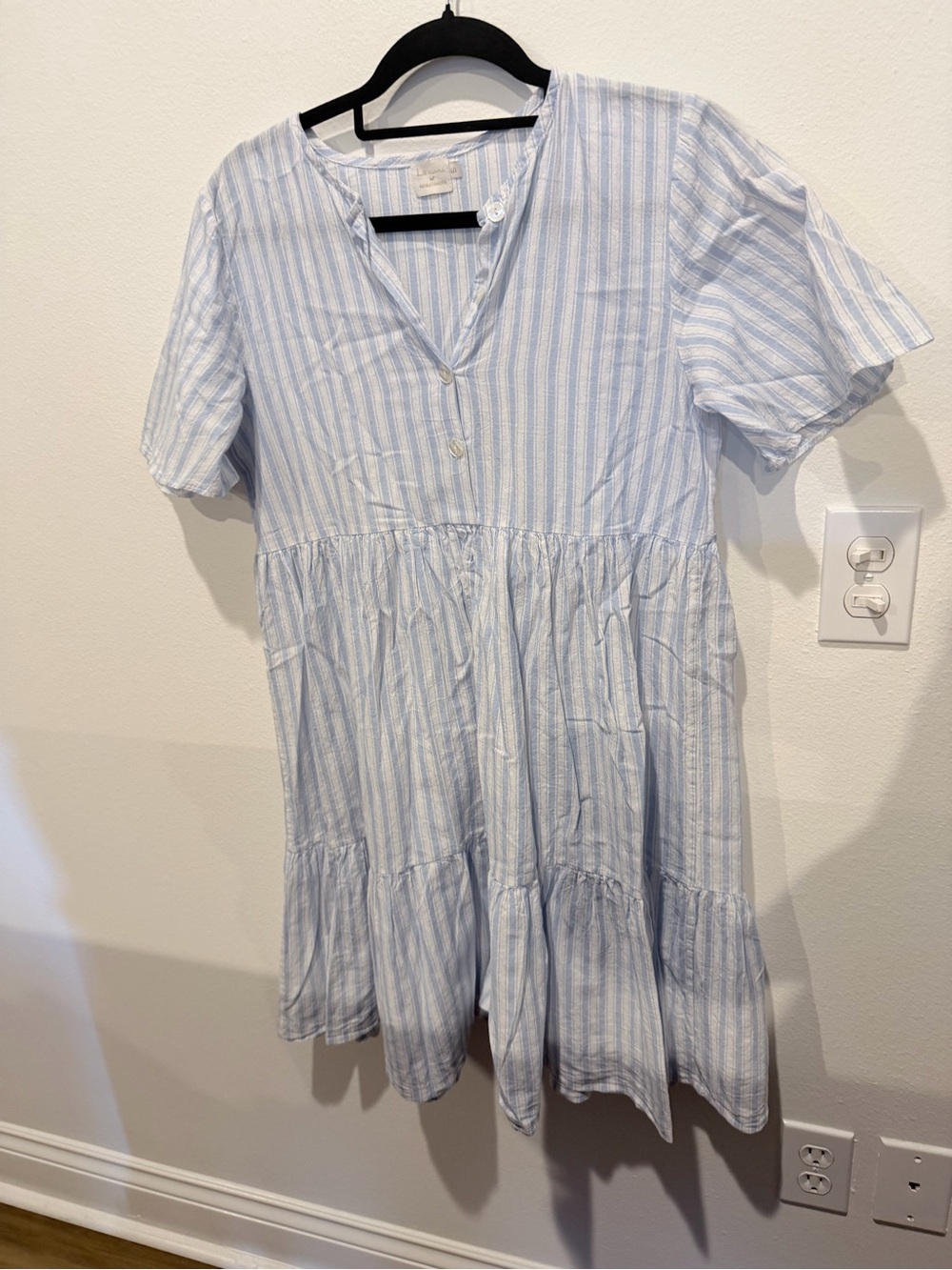 Light Blue & White Striped Tiered Casual Dress